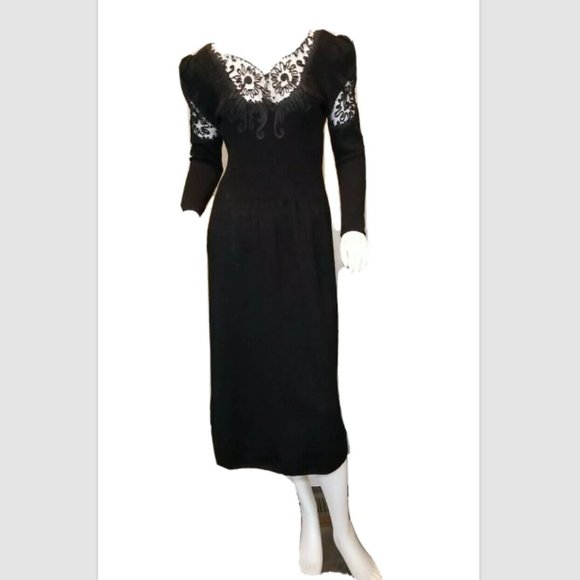 Vtg 80s Pat Sandler for Wellmore Black Santana Knit Cocktail Dress Stretch - Picture 1 of 7